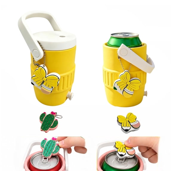 Mini Water Cooler Can Holder for 12oz Slim & Standard Cans, 3D Printed Insulated Sleeve with Straw & Charm Opener (Yellow, Standard Can+ Bottle Opener)