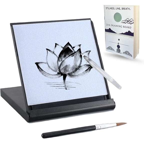 Mini Water Drawing Board with Drawing & Breathing Guide, Portable Travel Size Board for Drawing, Painting, Writing & Relaxation, Inkless Zen Meditation Board with 2 Water Brushes