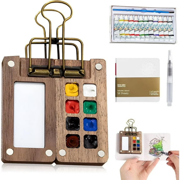 Mini Watercolor Kit, Mini Watercolor Paint Travel Set, 12 Color Pocket Artist Watercolour Travel Sets, Wooden Grid Paint Box for Painters, Artists Students (8 Grids)