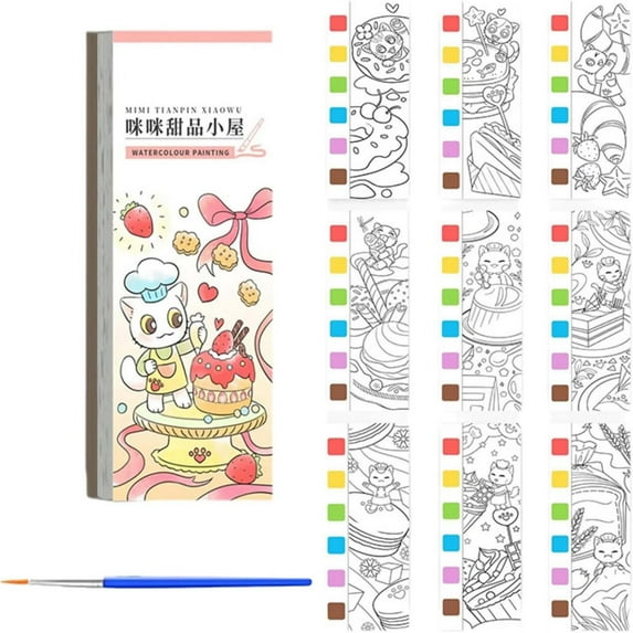 Mini Watercolor Pad Pocket Drawing Book | Fruit Doodle Painting Set | 12 Patterned Pages with Paintbrush | Travel Portable Art Sketchbook 190x80mm | Gift for Creative Art Lovers