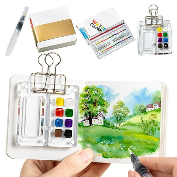 Mini Watercolor Paint Box Set - 8 Colors with Sketchbook, Metal Clip & Brush - Portable Travel Painting Kit for Artists & Beginners