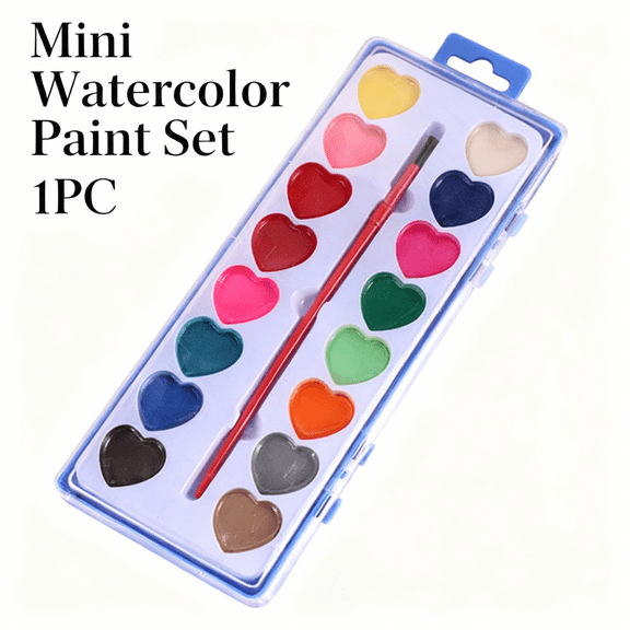 Mini Watercolor Paint Set, 12 Rich Colors, Travel Palette with Paintbrush & Valentine's Day Card - Perfect for Kids' Creative Fun & Art Projects