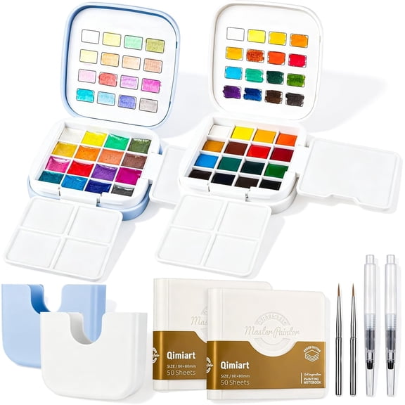 Mini Watercolor Paint Set, 32 Colors Mini Pocket Travel Watercolor Palette with Paint, Brush, Sketchbook for Beginners, Artists, Students, Painting Enthusiasts