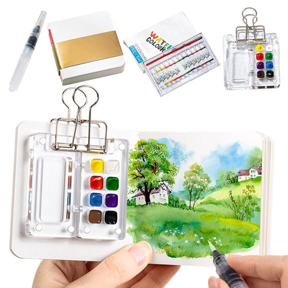 Mini Watercolor Paint Set,Mini Portable Watercolor Palette Set Wooden Grid Paint Box Watercolor Paper Sketch Book Brush Pens with Binder Clips for Painters Artists,Mini Travel Watercolor Set
