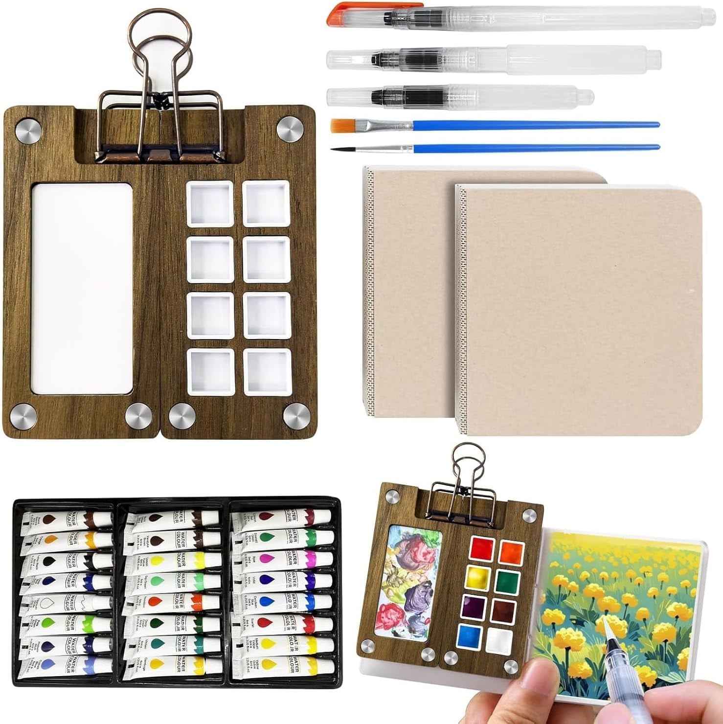 Mini Watercolor Paint Set, Travel Pocket Watercolor Set with Paint, Brush, Sketchbook & Copper Clip