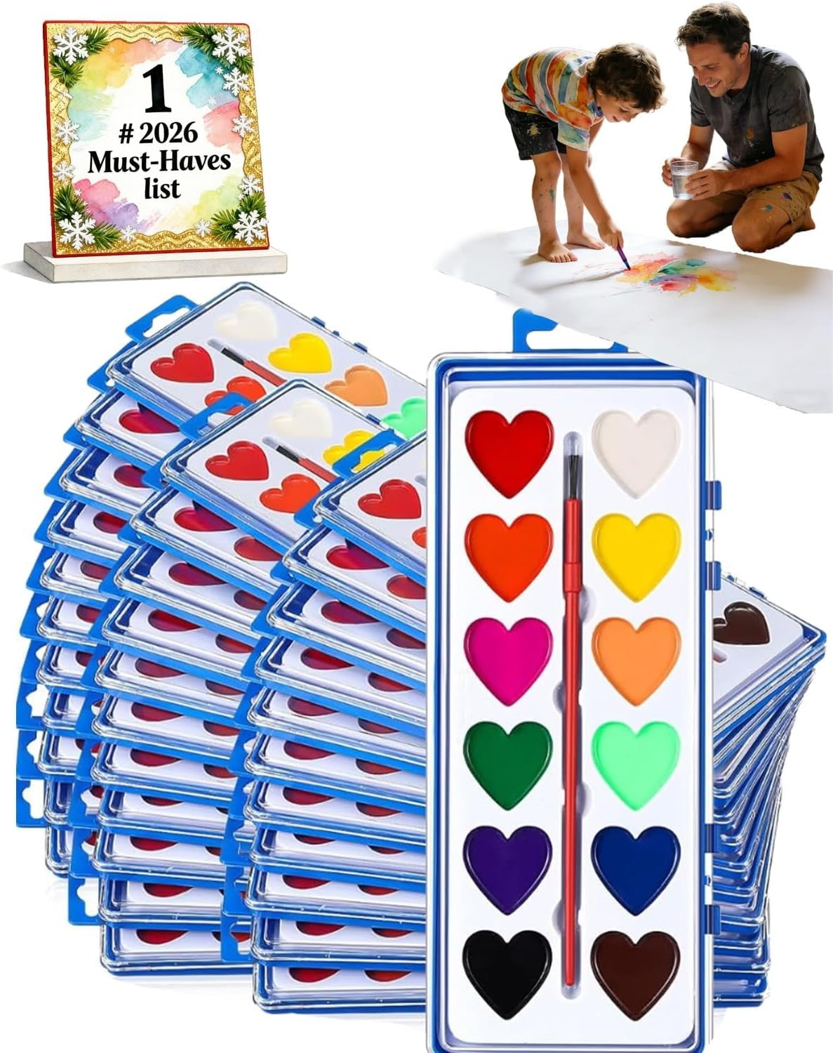Mini Watercolor Paint Set for Valentine’s Day | Romantic Art Gift Valentine Watercolor Heart Shaped Water Colors with Paintbrush for Kid 8/12colors Classroom Mini Paint Set Preschool