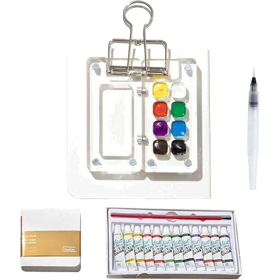 Mini Watercolor Set with Picture Book, Travel Water Color Set with 24 Color Paints, Wooden Grid Paint Box