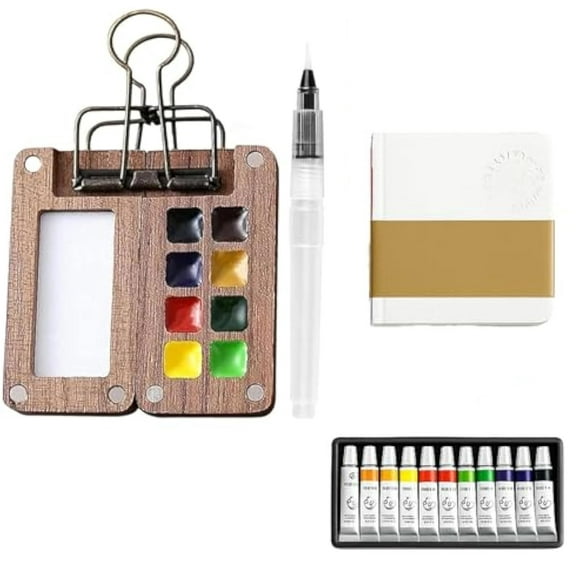Mini Watercolour Kit, Portable Travel Watercolor Paint Set for Beginners & Artists, Walnut Wood 8/15 , Mini Watercolor Set with A Picture Book & Wrist Towels(Walnut-8 Grids-12 Colors)
