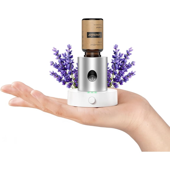 Mini Waterless Nebulizing Essential Oil Diffuser with 10ml Lavender Oil for Aromatherapy, Small Portable with Air Mist and Scent for Home, Room, Hotel, Desk, Office, Travel - Silver