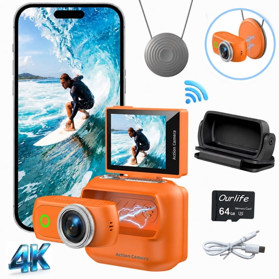 Mini Wearable Action Camera, 4K Ultra HD, WiFi, Flip-Out Screen, Magnetic Mount, Dual Battery, Rugged, Vlogging, Outdoor Adventures, Orange