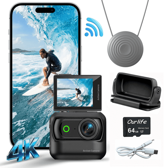 Mini Wearable Action Camera, 4K Ultra HD, WiFi, Flip-Out Screen, Magnetic Mount, 2 Batteries, 64GB, Black