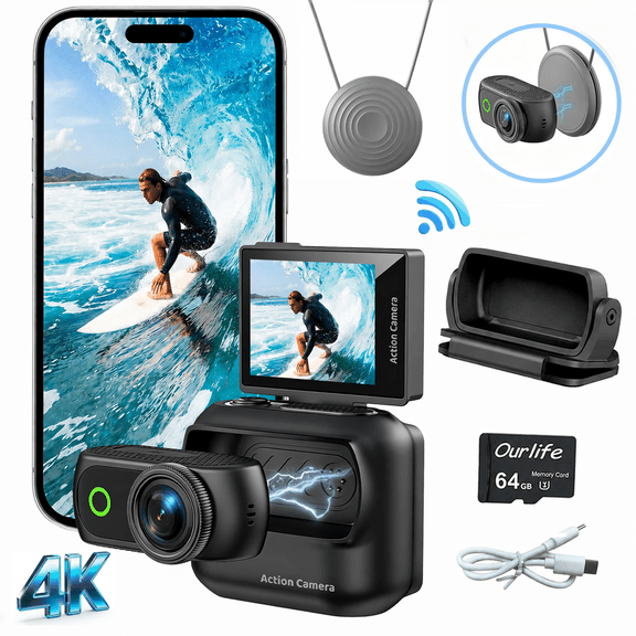 Mini Wearable Action Camera, 4K Ultra HD, WiFi, Flip-Out Screen, Magnetic Mount, 2 Batteries, 64GB, Black