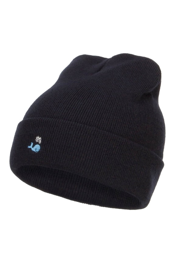 Mini Whale Embroidered Long Beanie - Navy OSFM