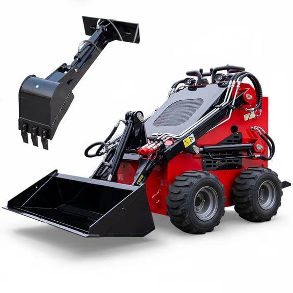 Mini Wheel Skid Steer Loader, 22HP Stand-on Skid Steer Loader with Extra 12" Backhoe Straight Digger Bucket, EPA Gasoline Engine,  for Warehouses, Engineering, Farms, Gardens and Parks