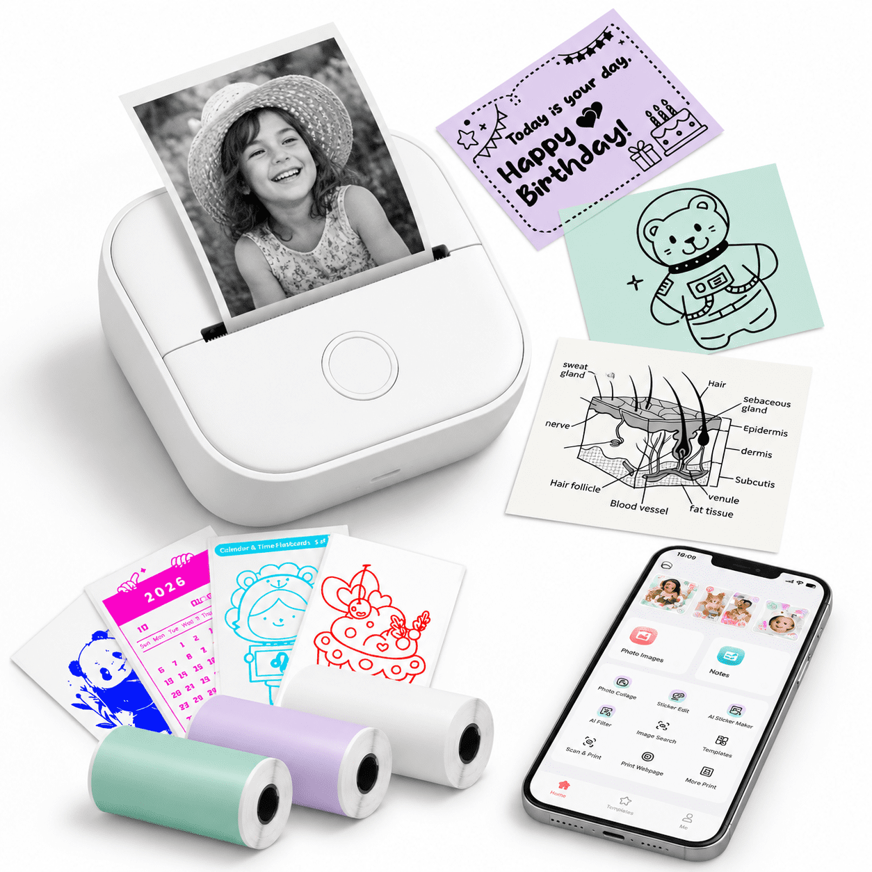 Mini White Thermal Label Printer, 1 Printer + 3 Rolls Paper, Portable ...