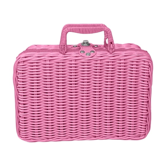 Mini Wicker Picnic Basket, Decorative Prop Suitcase Vintage Storage Hamper Makeup Organizer, 8.67" Metal Lock Plastic Rattan Storage Box with Handles for Sundries Travel Camping and Outdoor Party