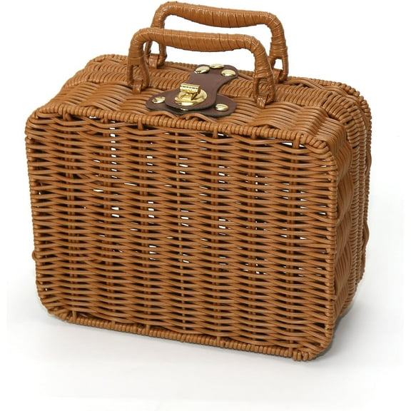 Mini Wicker Picnic Basket, Decorative Prop Suitcase Vintage Storage Hamper Makeup Organizer, 8.67" Metal Lock Plastic Rattan Storage Box with Handles for Sundries Travel Camping and Outdoor Party
