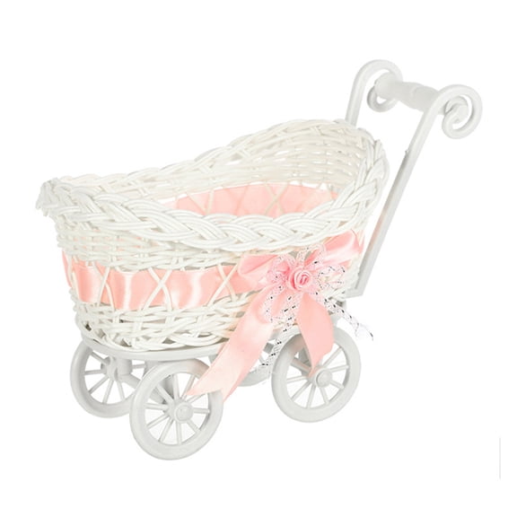 Mini Wicker Stroller Decoration, Rattan Doll Carriage, Woven Candy Basket Centerpiece Decor, Gift & Souvenir for Wedding Birthday Party - Pink
