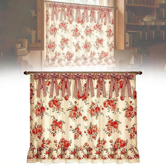 Mini Window Tier Valance with Tie-Top Bowknot, 30" x 22" Small Window Tier Curtain Dust-Proof Shelf Covering Cloth for Kitchen Under Sink, Bathroom Shelf, Pantry