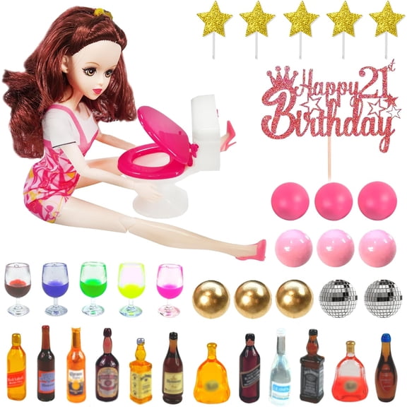 Mini Wine Bottles Cake Toppers with 12 Mini Wine Bottles 5 Mini Wine Glasses 1 Toilet 1 Beauty Doll 21st Birthday Cake Topper for Celebrating 21st Birthday (Brown)
