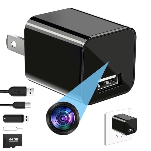 Mini USB Charger Full HD No-WiFi Security Camera for Baby, Pet Monitoring & Home Security, 140° Wide Angle, Included 64GB SD Card