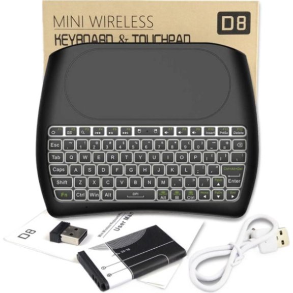 Mini Wireless Keyboard with Large Touchpad, 7-Color RGB Backlit QWERTY Handheld Remote, 2.4GHz USB Rechargeable Controller for Android TV Box, Smart TV, PC, Projector & Gaming - Black