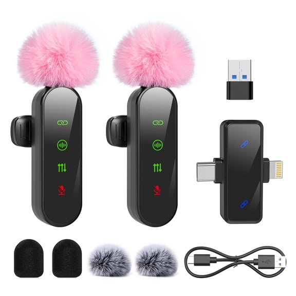 Mini Wireless Lavalier Microphone for iPhone, LED Display Mic with USB-C/USB, Noise Reduction & Echo Effect, 6 Furry Windscreen Muffs for TikTok, Podcast, ASMR, YouTube Video