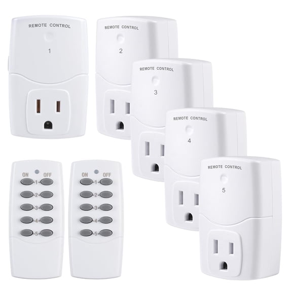 Mini Wireless Remote Control Outlet Switch Power Plug in for Household Appliances, Wireless Remote Light Switch, LED Light Bulbs, White (2 Remotes + 5 Outlets) 1250W/10A