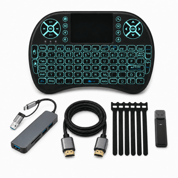 Mini Wireless Touchpad Keyboard Set with USB-C Multiport Adapter, 8K HDMI Cord, USB Dongle and 5 Cable Straps