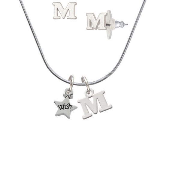 Mini ''Wish'' Star - M Initial Charm Necklace and Stud Earrings Jewelry Set