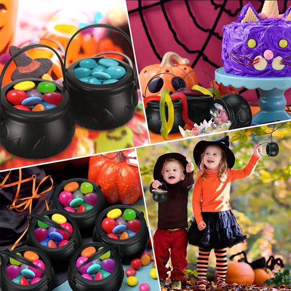 Mini Witch Cauldrons Set – Vintage-Style Glossy Black Halloween Pottery for Treats, Decor & Party Display, Tiered Rack with S-Hooks, Reusable & Easy Storage