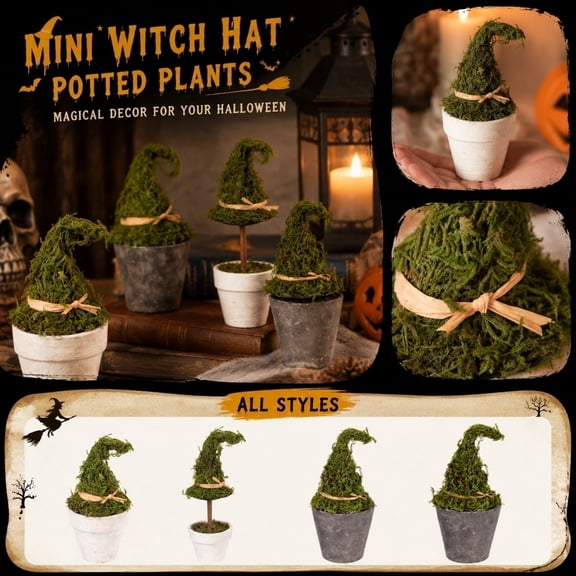 Mini Witch Hat Artificial Potted Plants, Vintage Faux Moss Witch Hat Bonsai Tabletop Ornament, Spooky Halloween Topiary Plant in Pot for Home Fireplace Desk, Creative Halloween Gift