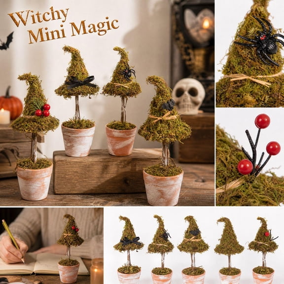 Mini Witch Hat Decor Topiary with Moss and Black, Small Vintage Distressed Pot for Indoor Table, Halloween Desk Decor