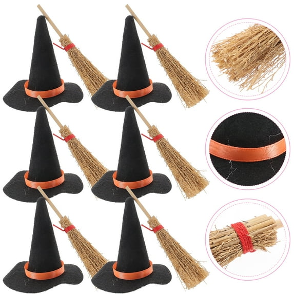 Mini Witch Hats and Brooms - Halloween Decorations for Party Favors, Birthday, Wedding, DIY Crafts Accessories - Set of 12 (6 Black Witch Hats + 6 Broom Sticks)