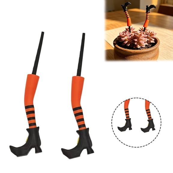 Mini Witch Legs Plant Stakes 2 Pack, Tiny Flower Pot Decor for Succulents and Indoor Plants, 5 Inch Novelty Garden Planter Inserts for Halloween Home and Garden Display (Orange)