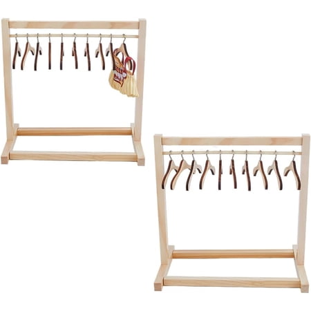 Mini Wood Clothes Rack Hanger Including 1PC 30x18.3x30cm Tiny Clothes Storage Rack and 12cm Width 10PCS Hangers Small Dress up Storage Clothes Organizer for Mini Collections