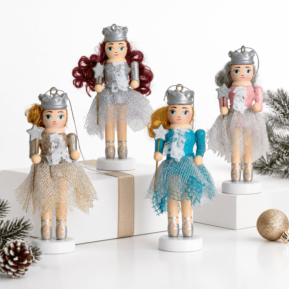 Mini Wooden Ballerina Nutcracker Christmas Tree Ornaments, 4 Pack 5 Inch