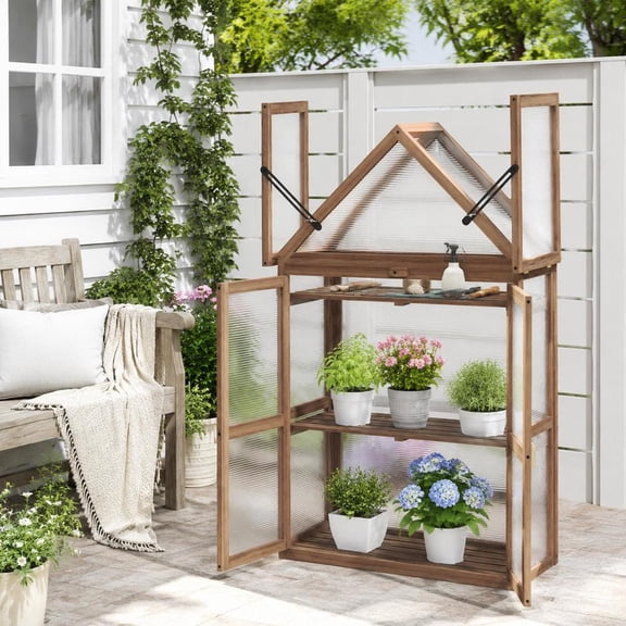 Mini Wooden Cold Frame Greenhouse, for vegetables and flowers, brown, with PVC panels, 3 shelves