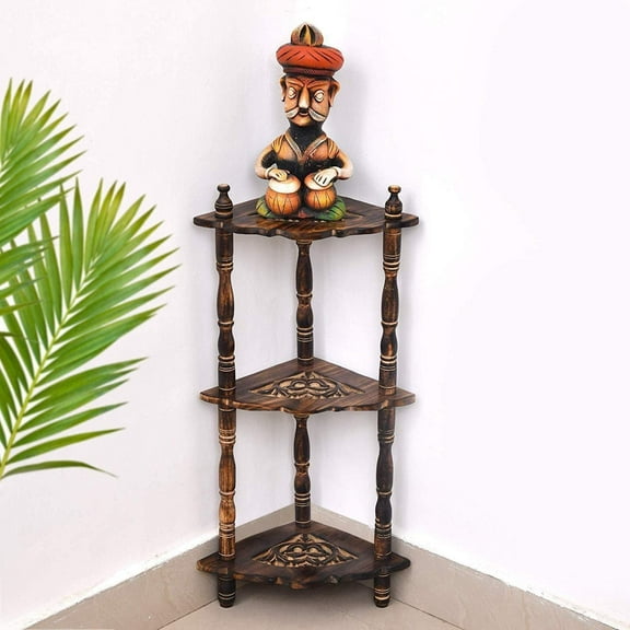 Mini Wooden Corner Shelf Rack  3 Tier Handcrafted Carved Stand for Living Room, Bedroom & Hall | Side Standing Decorative Table