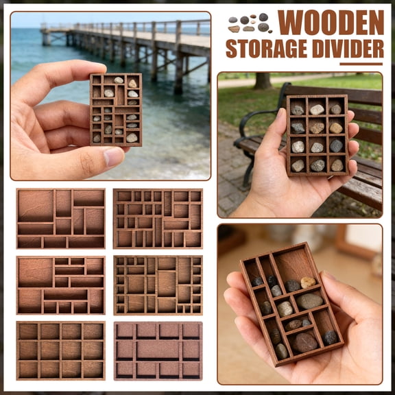 Mini Wooden Grid Storage Tray, Multi Compartment Geometric Divided Wood Display Box, Tiny Pocket Size Rock Crystal Specimen Organizer for Gemstone, Sea Stone, Mini Collectibles,A