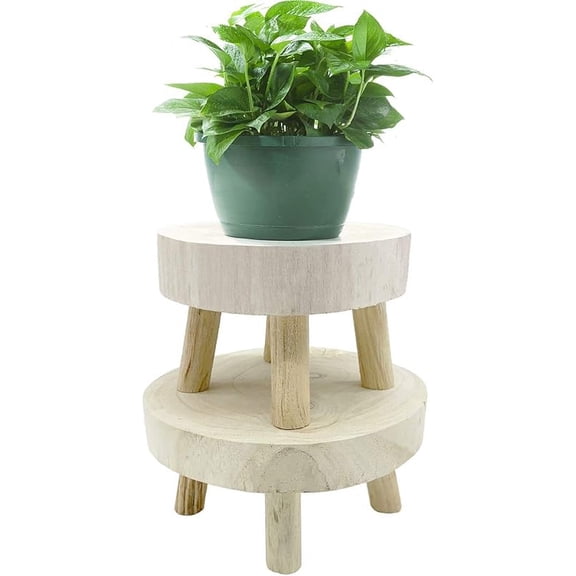 Mini Wooden Stool Display Stand,Round Wood Flower Pot Plant Stand Potted Stand Plant Stools Indoor Vintage Wood Grain Wooden Plant Pot Riser Stand for Indoor Outdoor Decor (L)