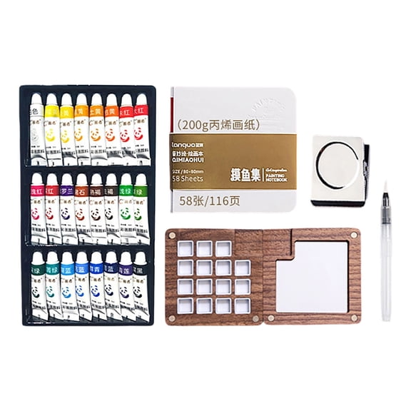 Mini Wooden Watercolor Paint Set with 24 Colors Portable Travel Art Kit for Painters Students and Beginners Includes Sketchbook and Brushes Brown