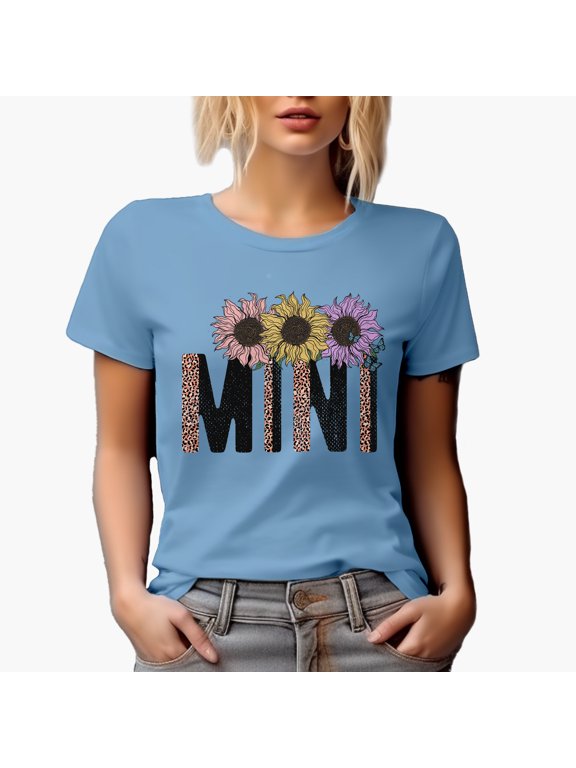 Mini Word with Retro Sunflower & Leopard Print Art, Mother-To-Daughter Merch Gift, Baby Blue T-Shirt, Small