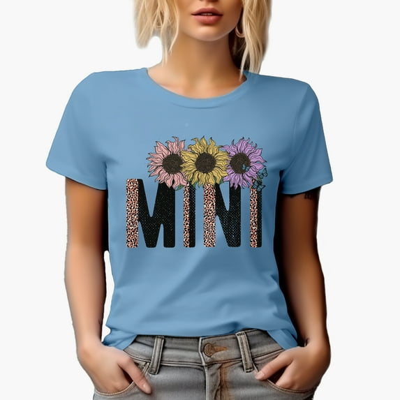 Mini Word with Retro Sunflower & Leopard Print Art, Mother-To-Daughter Merch Gift, Baby Blue T-Shirt, XL