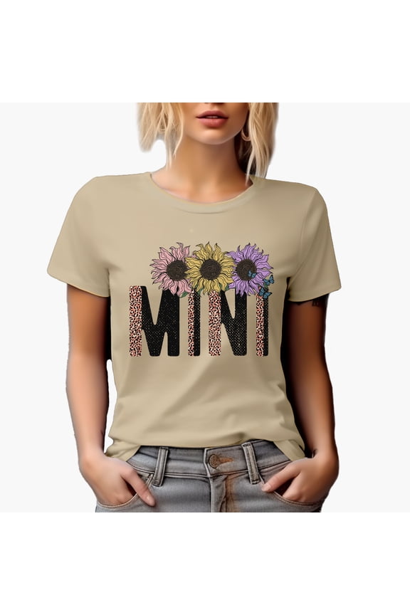 Mini Word with Retro Sunflower & Leopard Print Art, Mother-To-Daughter Merch Gift, Tan T-Shirt, 2XL