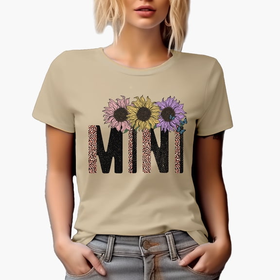 Mini Word with Retro Sunflower & Leopard Print Art, Mother-To-Daughter Merch Gift, Tan T-Shirt, Medium