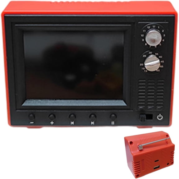 Mini Work TV for Dollhouse, 1:12 Scale Retro TV with 720P Screen, 8GB Storage, USB Playback, Rechargeable(Red)