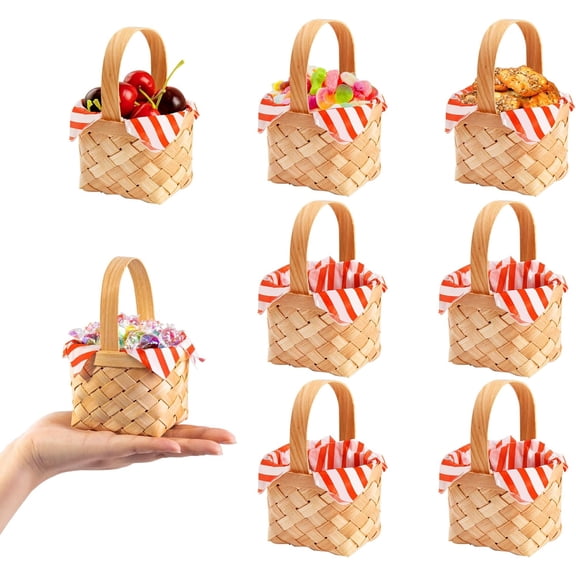 "Mini Woven Basket with Handles, Red Paper Pad, Wood Chip Mini Flower Fruit Picnic Basket suitable for Christmas, Wedding Party Gifts, Easter Picnic