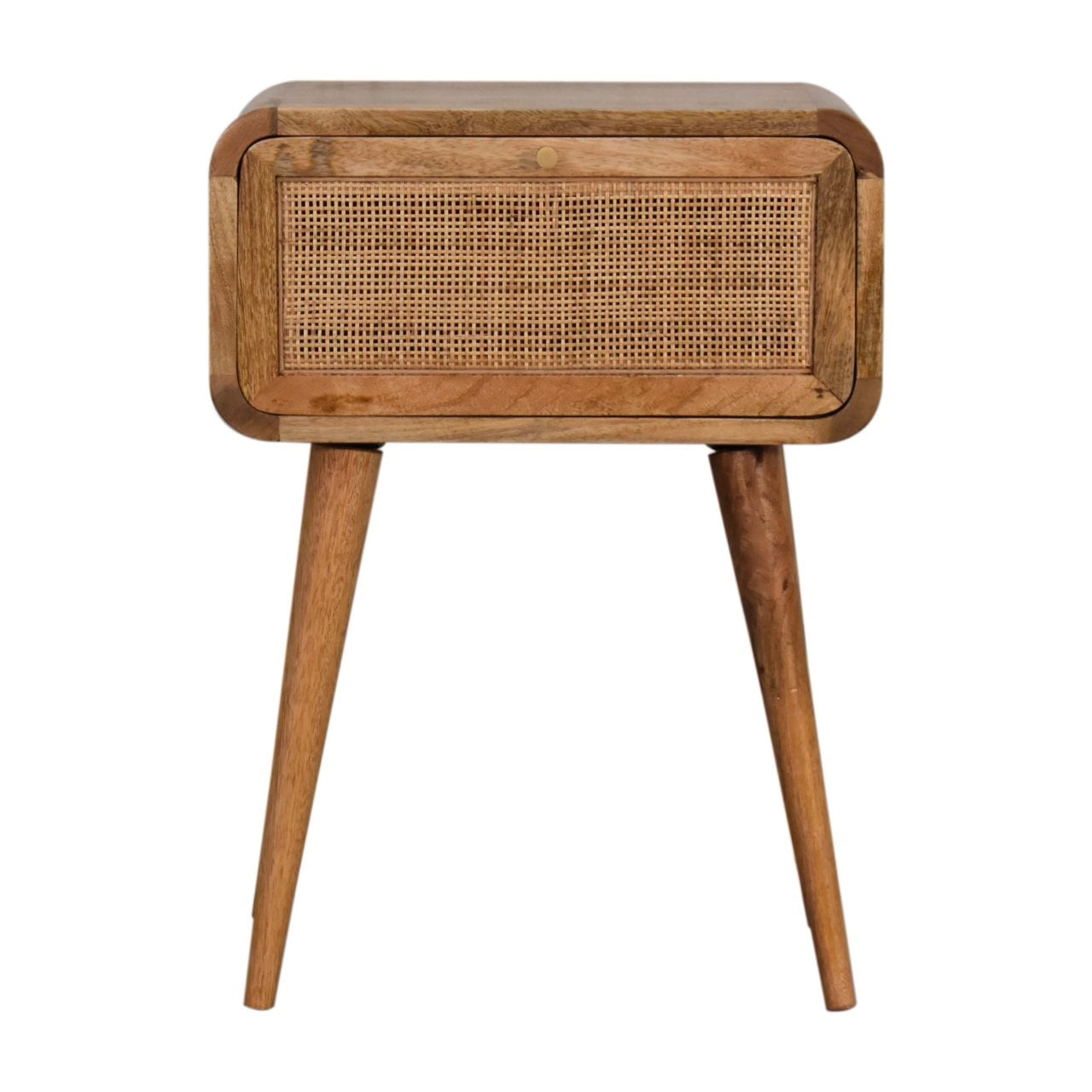 Compact Light Brown Woven Rattan Bedside Table with Oak Legs