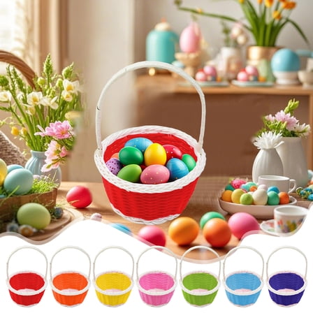 Mini Woven Easter Basket -Round Small Bamboo-Style Design with Handle,Gifts Basket Perfect for Easter Egg Hunts Home Party Favors,Easter Decorations & DIY Crafts